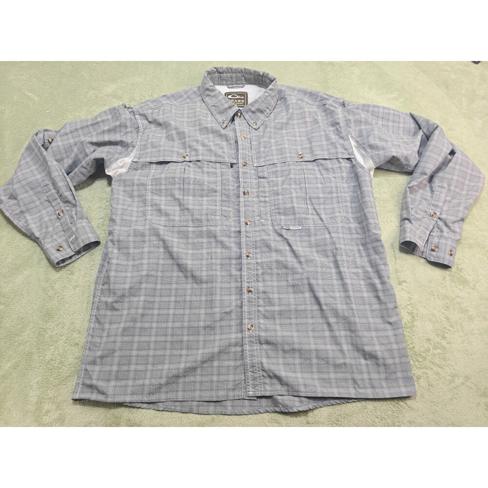 Drake Mens XL Long Sleeve Fishing Shirt Grey Micro Grid Plaid Vented Back Cape